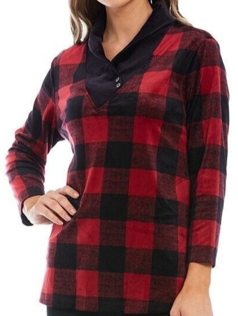 Ali Miles Buffalo Plaid Velour Cowl Neck Sweater Size XL Cozy Cabin